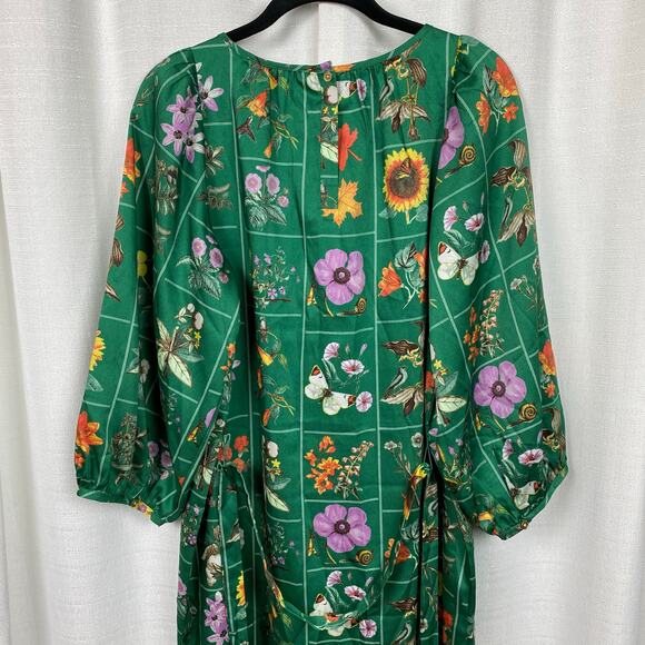 LOFT Green Floral Bird Butterfly Garden Puff Sleeve Shift Midi Dress Sz.M NWT - Picture 12 of 16